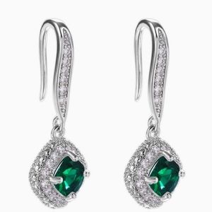 Zircon Sparkling Emerald Green & White CZ Square Drop Pierced Earrings